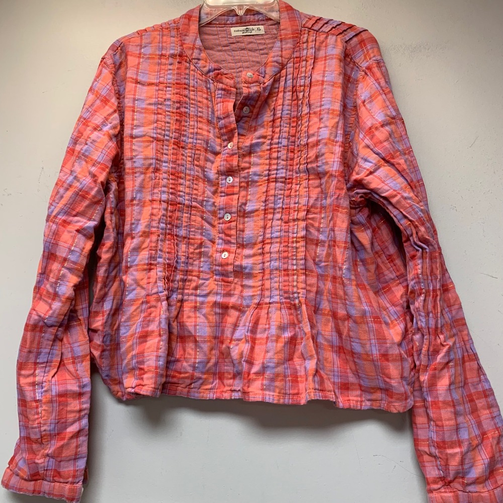 Natural Life Top Womens XL Orange Purple Plaid Pintuck Metallic Excellent 14540